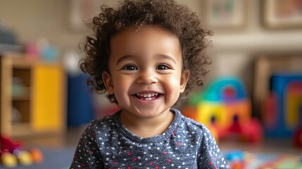 A Toddler with Curly Hair Smiles in a Playroom