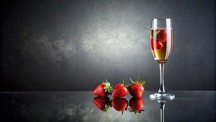 Glass of champagne with strawberries on grey background reflected