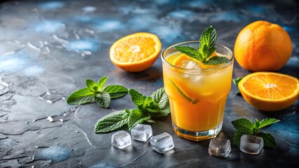 Fototapeta premium Glass of orange juice with ice and mint leaves