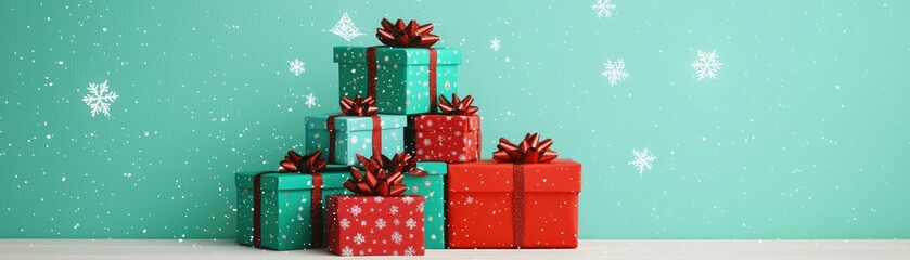 A colorful arrangement of holiday gifts with decorative bows on a light background, perfect for festive celebrations.