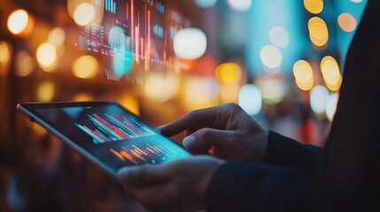 A business professional studies financial trends on a tablet, visualizing data through a hovering holographic bar chart in a modern setting, emphasizing technology-driven decisions