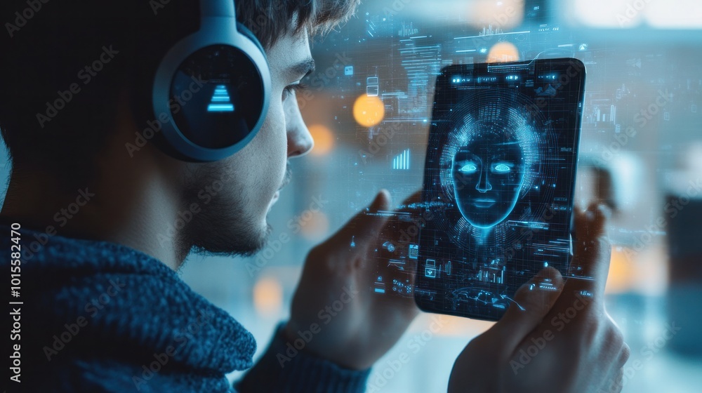 Aufkleber phone with ai assistant hologram, displaying a virtual assistant as a man manages tasks using smart 