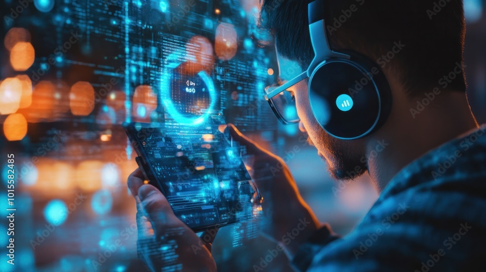 Poster phone with ai assistant hologram, displaying a virtual assistant as a man manages tasks using smart 
