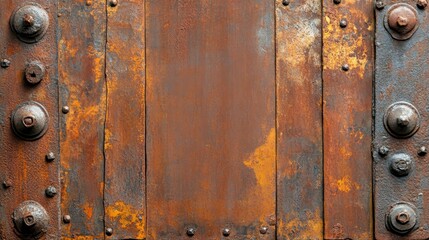 Fototapeta premium A weathered metal door with rust and rivets, suggesting age and industrial design.