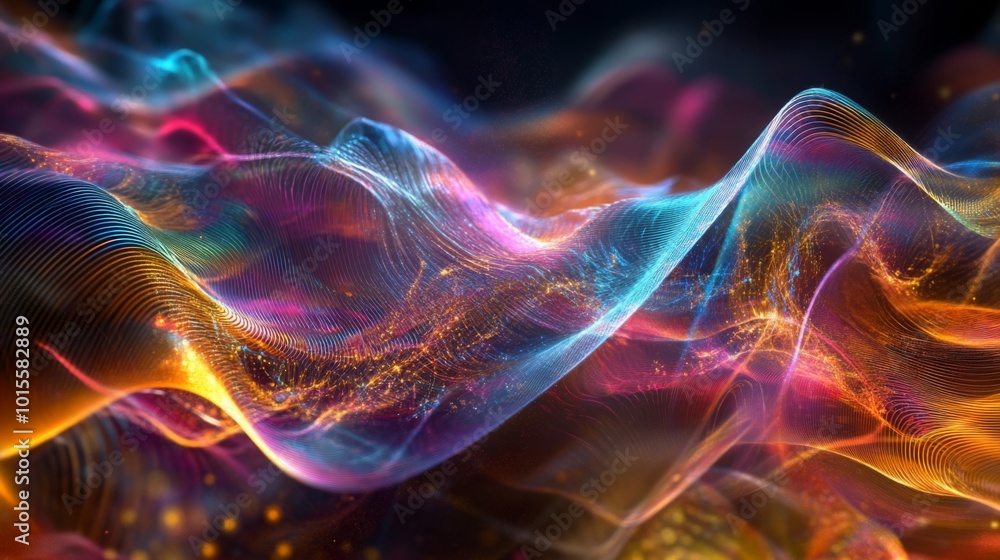 Aufkleber Layers of colorful waves flow together, illuminated by bright lights that highlight their movement and energy, creating a mesmerizing abstract design that captivates the viewer's attention.