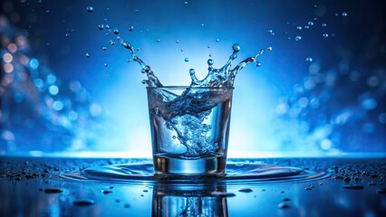 Glass of water with splashes on blue background