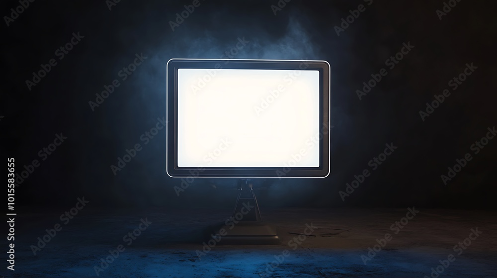 Poster illuminated square display against a dark background