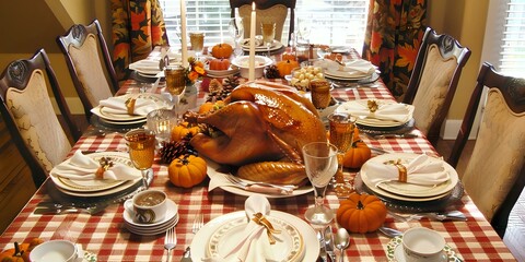 A festive dining table set for a Thanksgiving meal with a roasted turkey and seasonal decor.