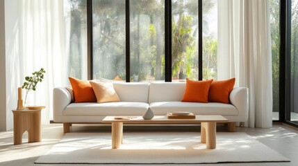 A spacious living room features a white sofa adorned with orange cushions, complemented by a wooden coffee table