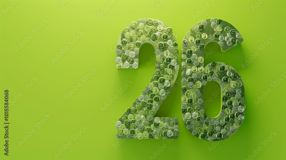 Poster a visually captivating number 26 constructed from translucent green bubbles, set on a lime green bac