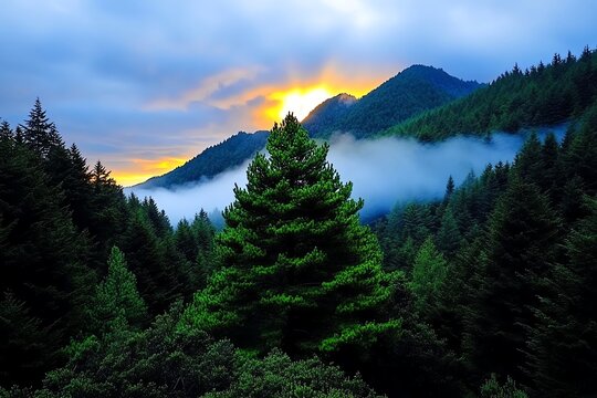 Foggy forest landscape at dawn, with mist rolling over the trees and a subtle, glowing light breaking through the clouds
