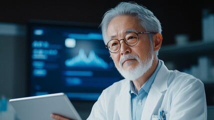 An elderly scientist in a lab coat examines data on a tablet, with graphs displayed in the background.