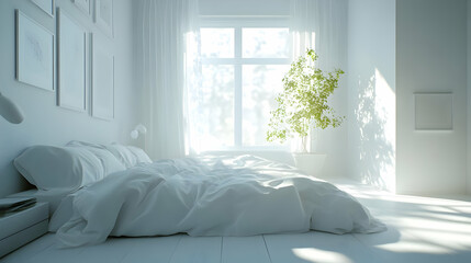 Minimalist White Bedroom with Window and Plant 3D Illustration