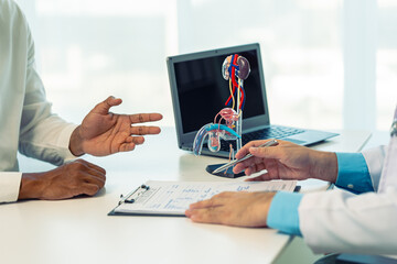 A young man visits a doctor for a urinary tract infection, enlarged prostate, focusing on hands and...