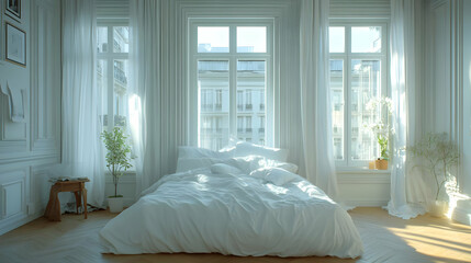 White Bedroom with Bed and Windows - 3D Illustration