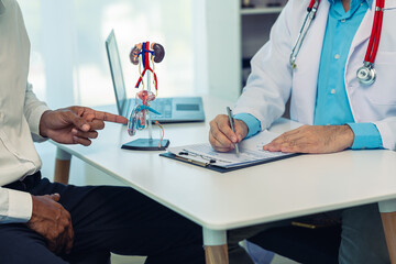 A young man visits a doctor for a urinary tract infection, enlarged prostate, focusing on hands and...