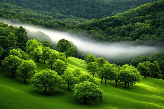 Foggy forest landscape at dawn, with mist rolling over the trees and a subtle, glowing light breaking through the clouds