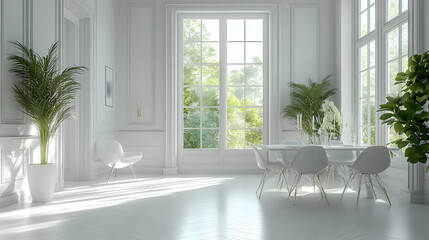 White Room Interior Design with Sunlight and Plants 3D Illustration