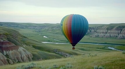 Naklejka premium A vibrant hot air balloon floating over a patchwork landscape of green fields and rivers, with the sun setting in the distance. --chaos 70