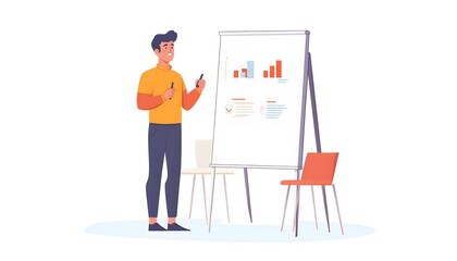 Man Presenting Data on a Whiteboard with a Bar Graph and Check Marks