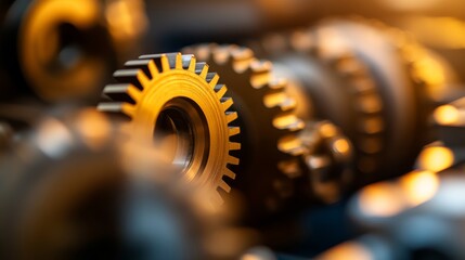A set of interlocking metal cogs shines brightly under spotlight, with golden lubricant enhancing their smooth functioning, highlighting the need for regular maintenance