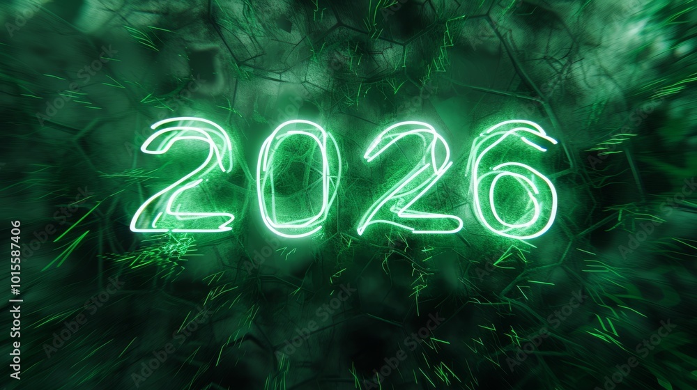 Poster futuristic green neon text 2026 surrounded by abstract glowing lines and dynamic light effects. the 