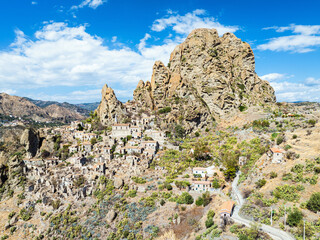 Ghost Town from a drone, Pentedattilo Village, Calabria, Italy, Europe