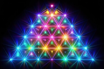 Glowing colorful triangles in sacred geometry pattern on black background