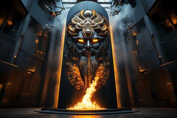 Futuristic Ravana effigy burning in a technologically advanced setting, with drones and holographic displays enhancing the celebration