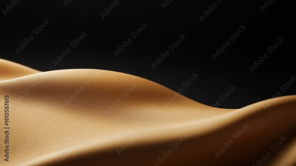 Poster smooth golden wave shapes flow gently against a deep black backdrop, creating delicate shadows and a