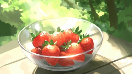An artistic shot of strawberries in a glass bowl, with light reflecting off the surface, creating a beautiful play of colors and textures, perfect for food photography. --chaos 70
