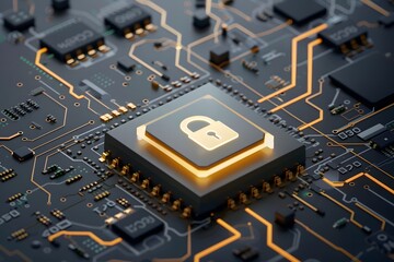 A glowing padlock icon on a circuit board, representing data security.