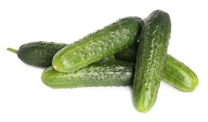 Pile of fresh cucumbers isolated on white, above view