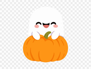 Happy cute smile ghost  hug halloween pumpkin isolated on png or transparent background.Halloween party banner. vector