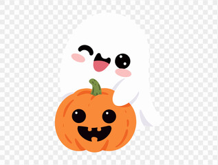 Happy cute smile ghost  hug halloween pumpkin isolated on png or transparent background.Halloween party banner. vector