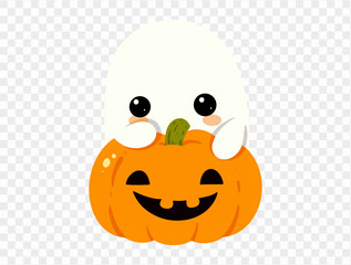 Happy cute smile ghost  hug halloween pumpkin isolated on png or transparent background.Halloween party banner. vector