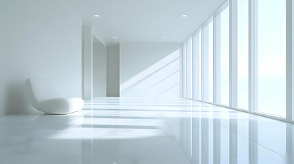 Fototapeta premium Minimalist White Room with Floor to Ceiling Windows 3D Illustration