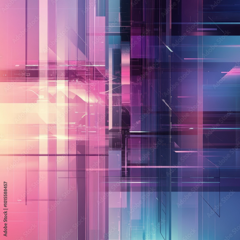 Poster vibrant geometric abstract art with intersecting lines and translucent colors, ideal for modern desi
