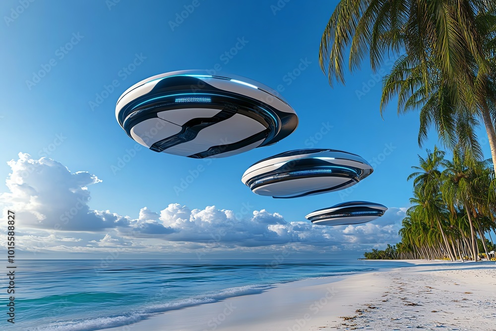 Poster futuristic beach scene with hovering platforms, advanced technology floating above the water while t