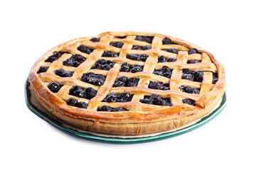 Tasty homemade pie with blueberries isolated on white