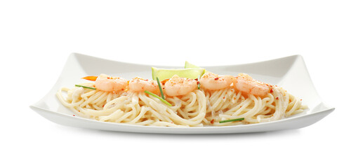 Delicious pasta with shrimps, green onions and lime isolated on white