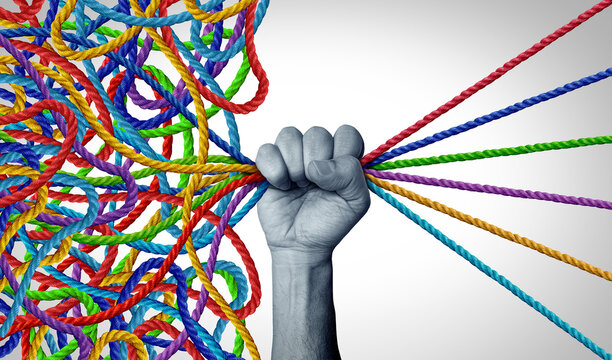 Organizing Solutions and organizer concept as a Management leadership taking charge as a leader sorting out diverse ropes into an organized patterns as a business concept for strategy and control.