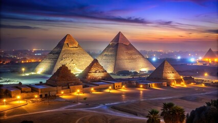 Glowing pyramids of Giza at night, aerial view
