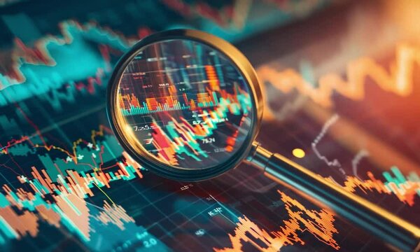 magnifying glass with chart and graph business footage
