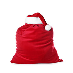 Red Santa Claus bag and hat isolated on white