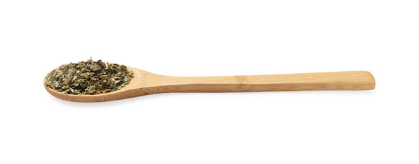 Dried oregano in spoon isolated on white
