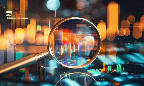 magnifying glass with chart and graph business footage