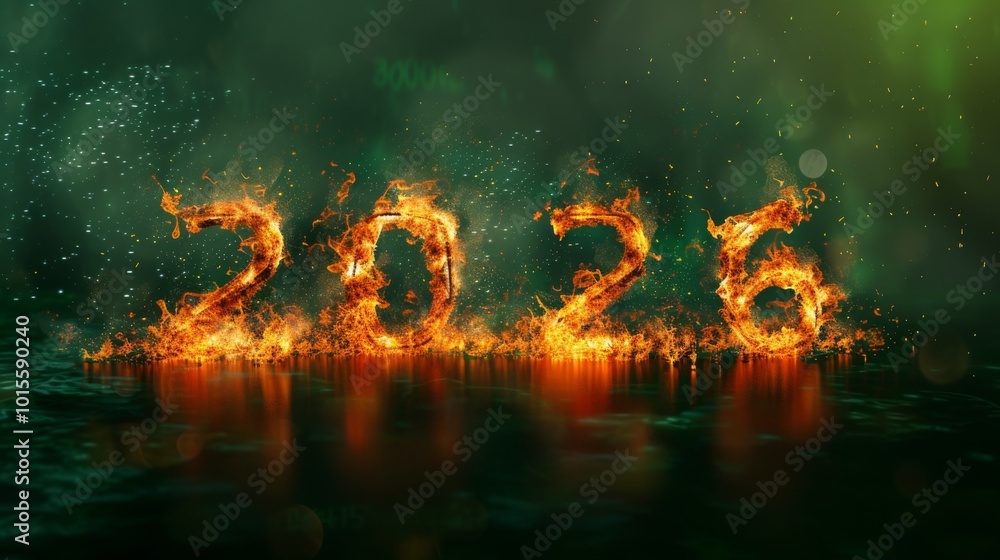 Poster the fiery numerals 2026 are surrounded by flickering flames and green mist, creating an eerie and my
