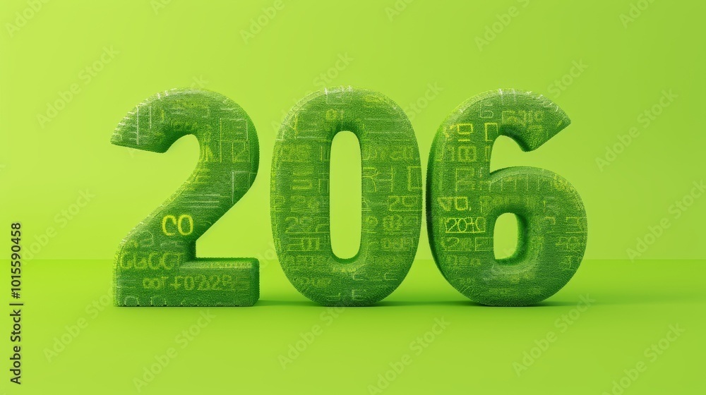 Aufkleber a 3d rendering of the number 206 in green with intricate digital patterns, set against a matching li