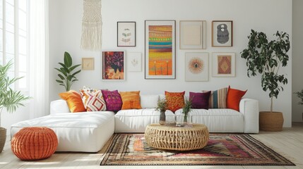 A white sectional sofa with colorful throw pillows sits on a rug in a living room. There are framed pictures on the wall, including abstract art, and potted plants on the floor